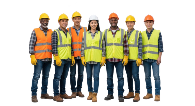 Diverse construction workers in safety gear standing together modern design composition influenced by Diverse