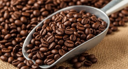 Fototapeta premium Close-up of Roasted Coffee Beans Piled in a Metal Scoop on Burlap