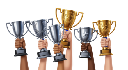 Diverse Hands Holding Winning Trophies modern design composition influenced by Diverse Hands Holding Winning