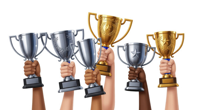 Diverse Hands Holding Winning Trophies modern design composition influenced by Diverse Hands Holding Winning