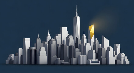 Obraz premium A stylized, monochromatic cityscape with a striking golden geometric skyscraper standing out against a dark blue background.