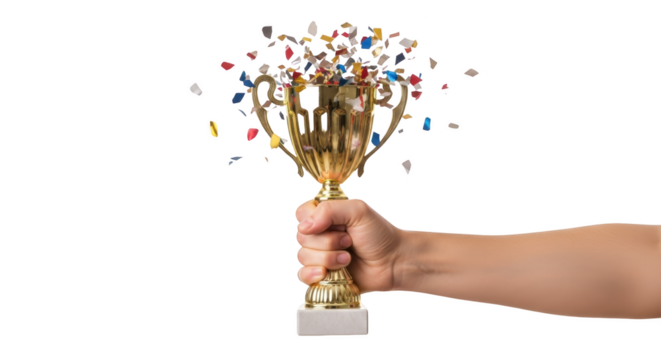 Gold Trophy Held High with Confetti Burst unique creative artwork concept based on Gold