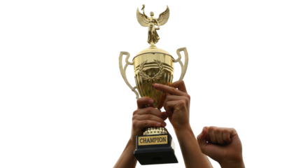 Golden Champion Trophy Held High by Victorious Hands abstract illustration design inspired by Golden