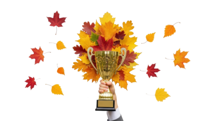 Golden Winners Trophy Cup with Colorful Autumn Leaves abstract illustration design inspired by Golden