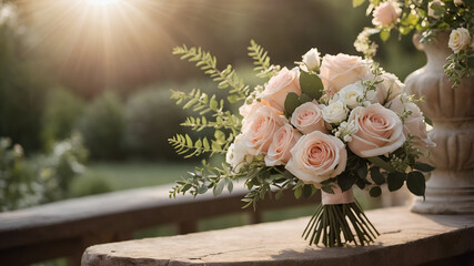 Elegant wedding bouquet in garden background floral arrangement outdoor setting romantic viewpoint