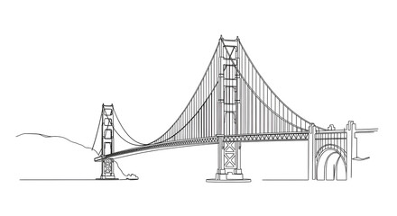 A black and white continuous line drawing of the iconic Golden Gate Bridge in San Francisco, California.