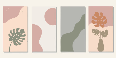 Set of four abstract vertical posters with organic shapes and monstera leaves in muted pastel colors