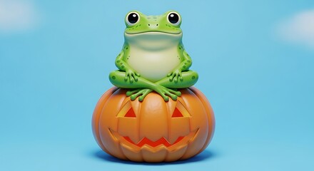 Fototapeta premium Cute green frog sitting in zen pose on a halloween pumpkin against a light blue sky background