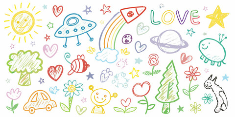 Whimsical hand drawn childrens drawing collection featuring space nature and love symbols © Rahul