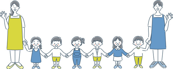 笑顔で手を繋ぐ女の子と男の子の園児と保育士のイラスト素材
