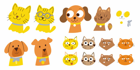 Collection of cute cartoon dogs and cats with simple flat design and vibrant colors