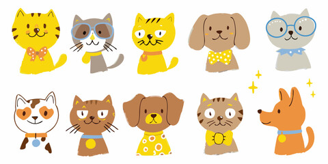 Fototapeta premium Collection of cute cartoon cats and dogs with accessories and sparkling stars on a white background