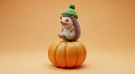 Adorable hedgehog wearing a green knitted hat sitting on top of a bright orange pumpkin against a soft orange background