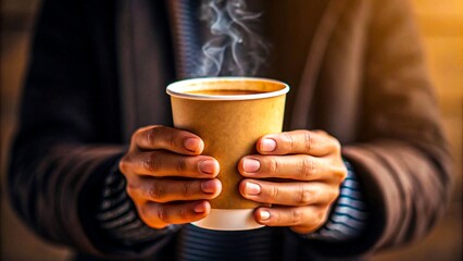 Hands holding hot coffee cup with steam in warm cozy atmosphere
