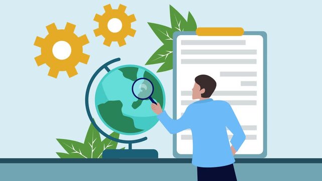 sociologists research society cartoon animation backgrounds video . analyze charts of sociological report and location on globe with luv animated footage motion graphic illustration design