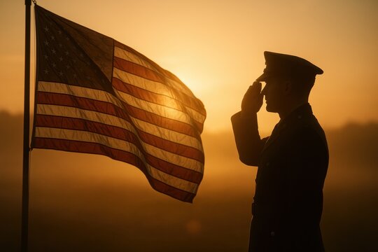 Silhouette of American service member saluting as a giant US flag unfurls at dawn golden sky and gentle fog honoring veterans with solemn patriotic pride