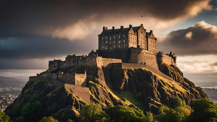 Obraz premium Historic edinburgh castle on a rocky hill dramatic clouds in the background landscape photography scotland