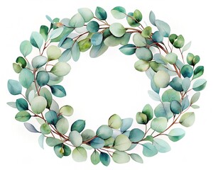 Watercolor Eucalyptus Wreath Illustration with Green and Blue Leaves for Wedding Invitations