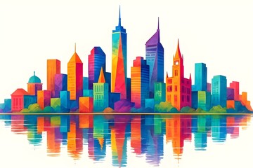 Colorful cityscape skyline art print with vibrant buildings and reflections art