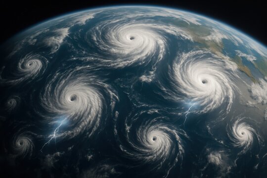 Satellite view of colossal cyclones and supercell storms swirling across oceans dramatic cloud bands roaring seas and lightning revealing the power of extreme weather