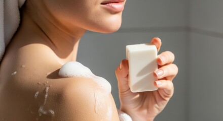 Obraz premium Woman Washing Shoulder with Soap Bar and Foam — Close-Up