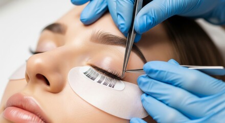 Naklejka premium Woman with Closed Eyes Getting Eyelash Extensions by Beautician Wearing Gloves