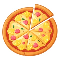 A vibrant illustration of a sliced pizza topped with pineapple and savory meats, showcasing appetizing colors and a satisfying composition.