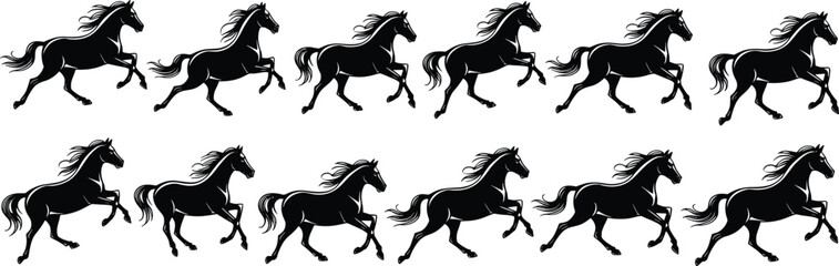 A collection of black running horse silhouettes isolated on white, a vector graphic set ideal for equestrian sports, farm themes, or decorative border