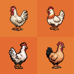 Four pixel art representations of chickens are displayed in square segments. Each chicken features unique colors and styles, creating a lively composition.