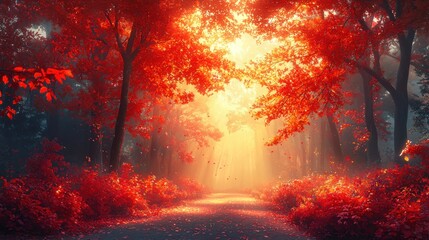 Fototapeta premium Sunlit path through vibrant red autumn forest.