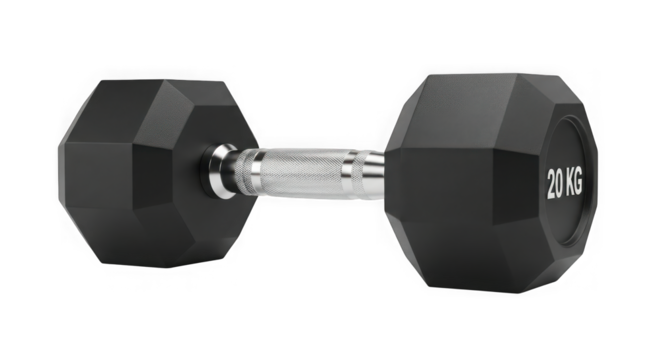 Single black hexagonal dumbbell 20kg for weightlifting strength training and fitness workouts transparent background