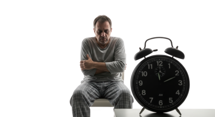 Man in Pajamas Sitting Awake Next to Alarm Clock detailed illustration concept inspired by