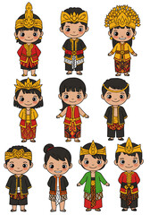 Cartoon Children Wearing Traditional Clothing on White Background
