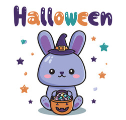 Obraz premium A cute purple rabbit wearing a witch hat holds a pumpkin filled with candy, surrounded by colorful stars and the word Halloween. Perfect for festive decorations.