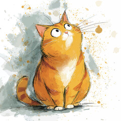 An orange cat with a white chest sits attentively, gazing upward with wide eyes. The background features soft, splattered colors creating a whimsical atmosphere.