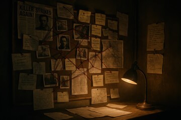 Detective evidence board with paper clippings string connections and handwritten notes investigative wall crime analysis mood dim room gritty cinematic storytelling scene