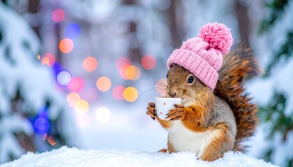 A cheerful cute squirrel in a knitted hat drinks cocoa from a cup against the background of a winter forest with fir trees, snow and colorful lights. Postcard for the New Year holidays.