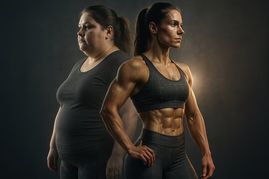 Double exposure fitness transformation of one woman from overweight to athletic with progress metrics gym mood dramatic contrast and motivating healthy lifestyle concept - Powered by Adobe