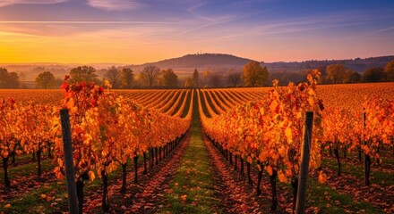 Naklejka premium Golden Autumn Vineyard Rows Bathed in Warm Sunset Light, Rolling Hills and Distant Castle