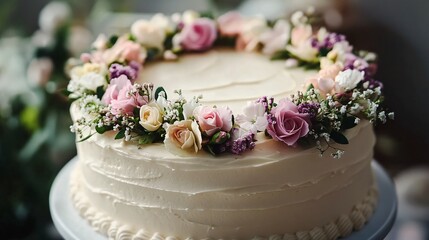 Homemade birthday cake decorated with small purple and yellow roses looks sweet.
