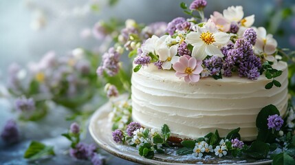 Homemade cake decorated with purple and white flowers and decorated with flower decorations all around.

