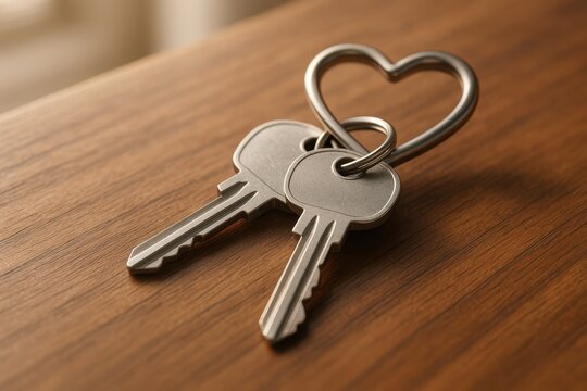 House keys with heart keychain on wooden surface symbolizing love trust and the emotional value of home ownership real estate security and family dreams
