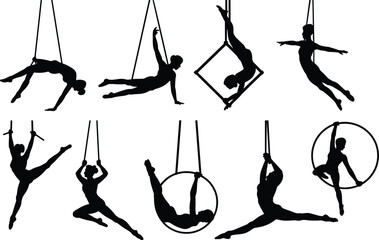 Aerial acrobat silhouette, circus performer vector, aerial hoop illustration, trapeze artist design, aerial dancer graphic, gymnastics performance, isolated acrobat figure