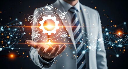Businessman holding a digital gear with technology and innovation concept