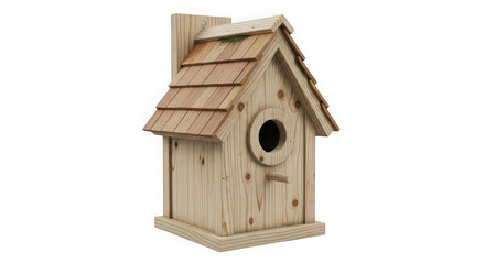 Rustic wooden birdhouse with shingled roof and round entrance for outdoor garden and wildlife habitat transparent background