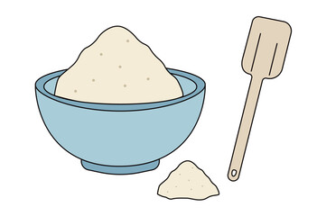 Bowl of flour with spatula illustration for baking ingredient, cooking preparation, and kitchen utensil concept design