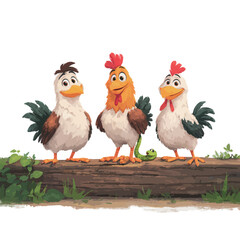 Fototapeta premium Three colorful cartoon chickens gather on a log in a vibrant setting. One chicken, bright and cheerful, interacts with a small green snake.