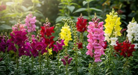 Obraz premium Vibrant Snapdragon Flowers in Full Bloom, Colorful Garden, Sunlight, Close-up.
