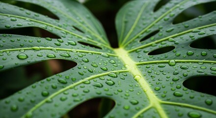Monstera leaf plant nature green tropical foliage botany flora closeup dew fresh