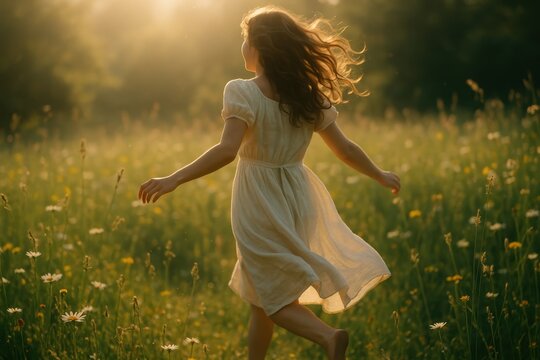 Carefree woman running through wildflower meadow at golden hour with windblown hair warm sun flare and dreamy bokeh in a sunlit summer field - Powered by Adobe